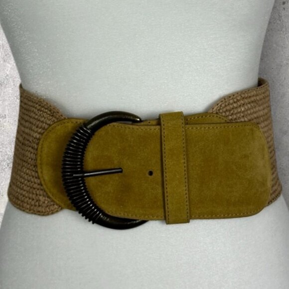 Sezane Carlie Belt Honey Wide Buckle Leather Antique Gold Size 80 cm 31.5 Inches - Picture 14 of 16